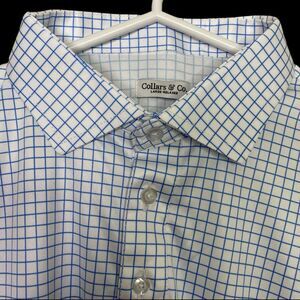 Collars & Co Polo Shirt Mens L Relaxed Blue Check Golf Preppy Dress Collar NEW